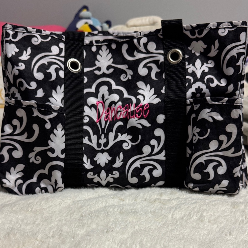 thirty-one Black & White Damask Tote with Pink Embroidered “Dancause”